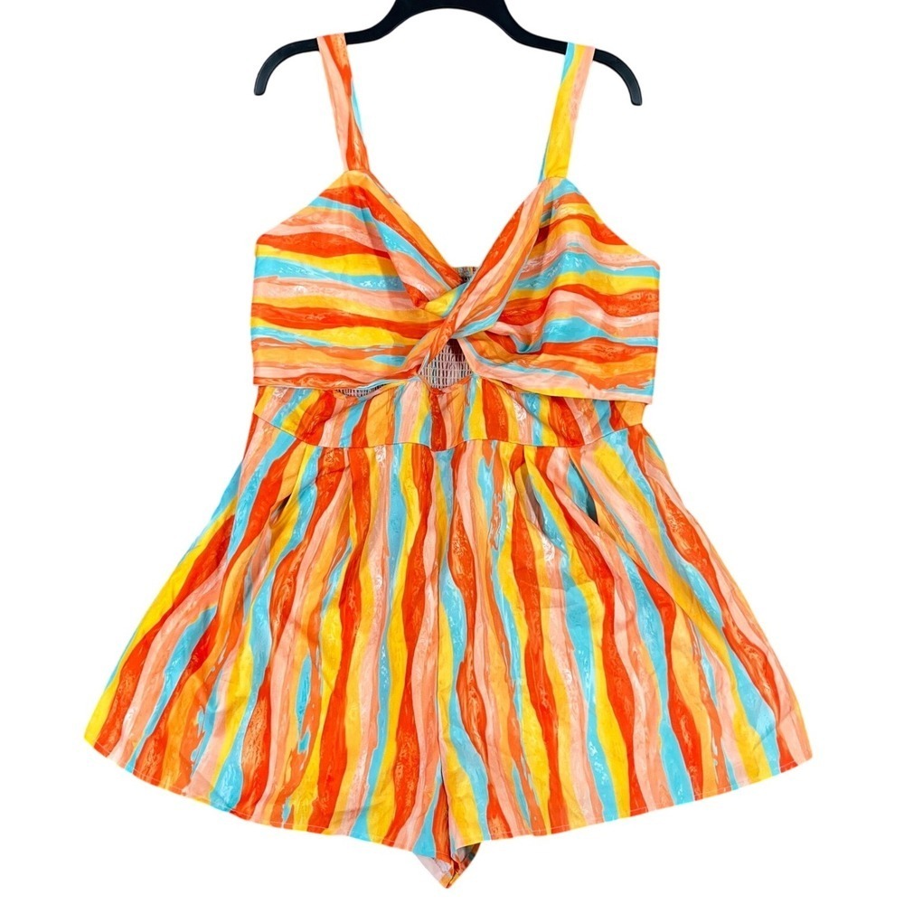 Shein Curve Abstract Stripe Twist Front Cut Out Romper Short Jumpsuit 2XL Womens